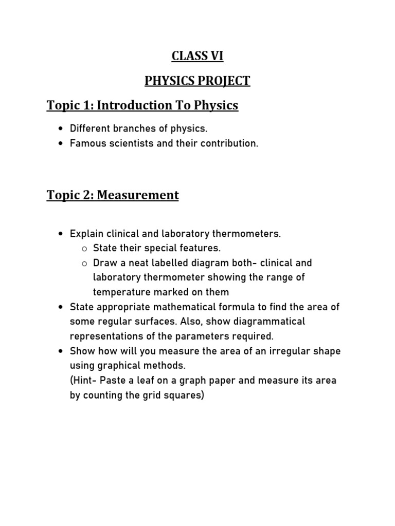 Class VI Physics Project Guide | PDF