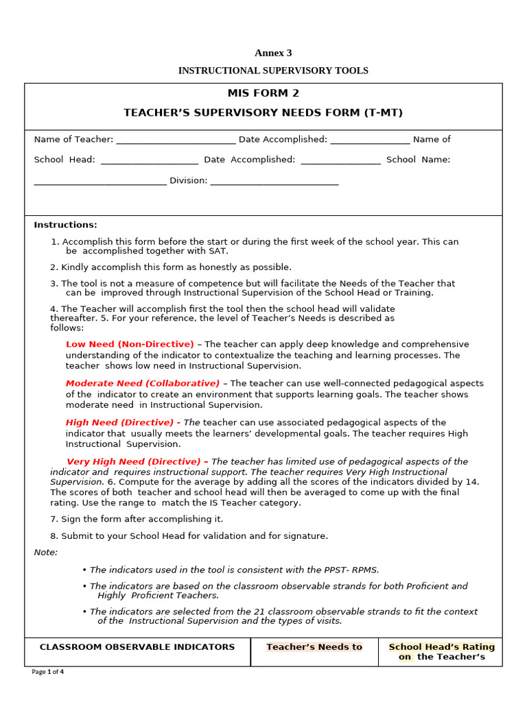 Teacher Supervisory Needs Assessment Form | PDF | Teachers | Learning