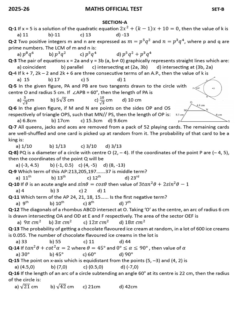 2025-26 Maths Official Test Set-B | PDF | Circle | Sphere