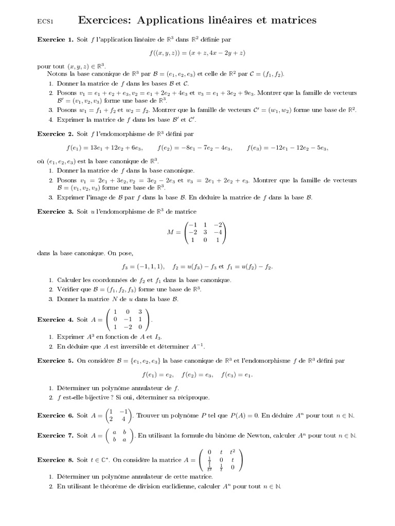 Exercices sur les applications linéaires et matrices | PDF | Matrice ...