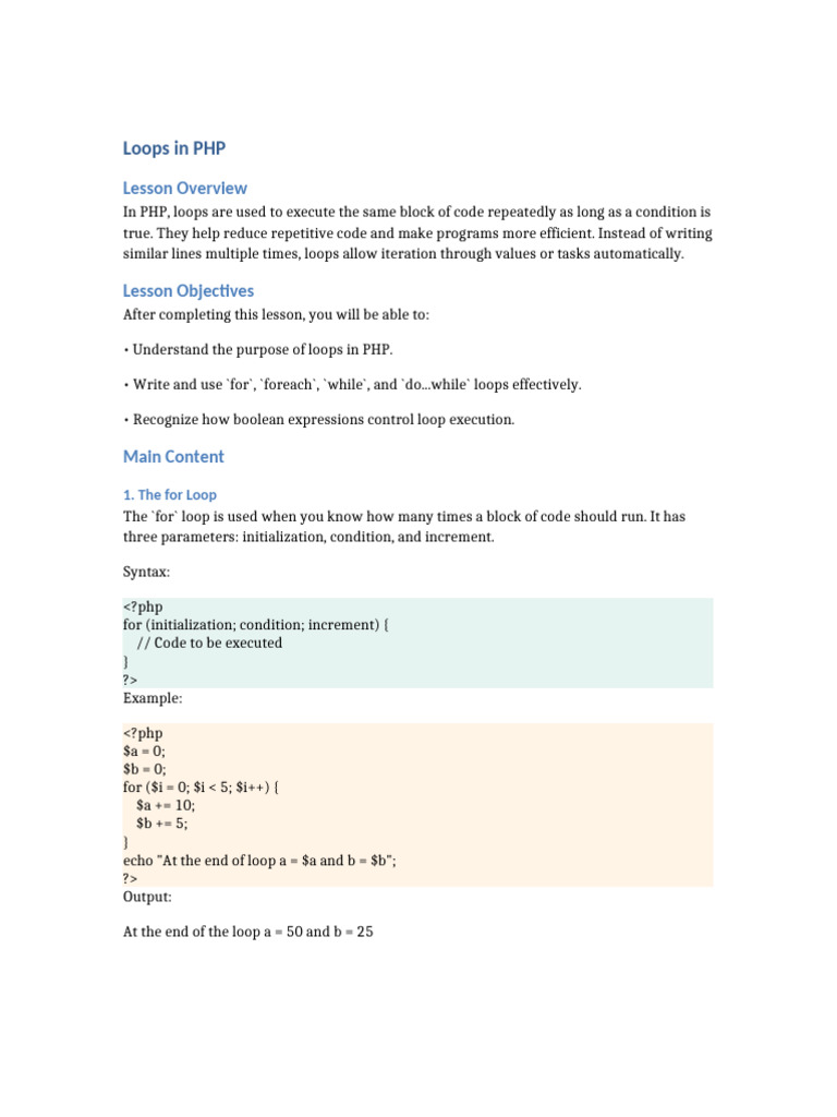 Understanding PHP Loops: For, While, Foreach | PDF | Control Flow | Php