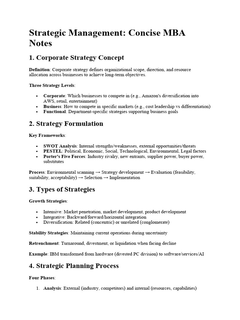 Strategic Management MBA Notes Overview | PDF | Strategic Management ...