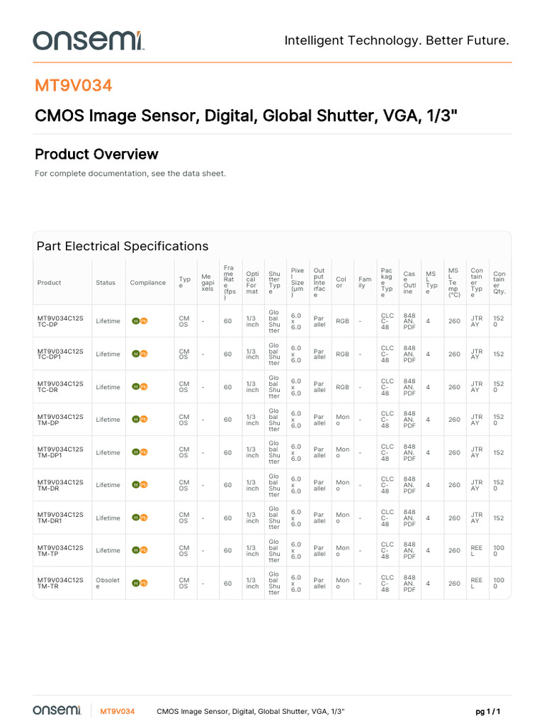MT9V034 Global Shutter CMOS Sensor | PDF | Signal Processing | Electronics