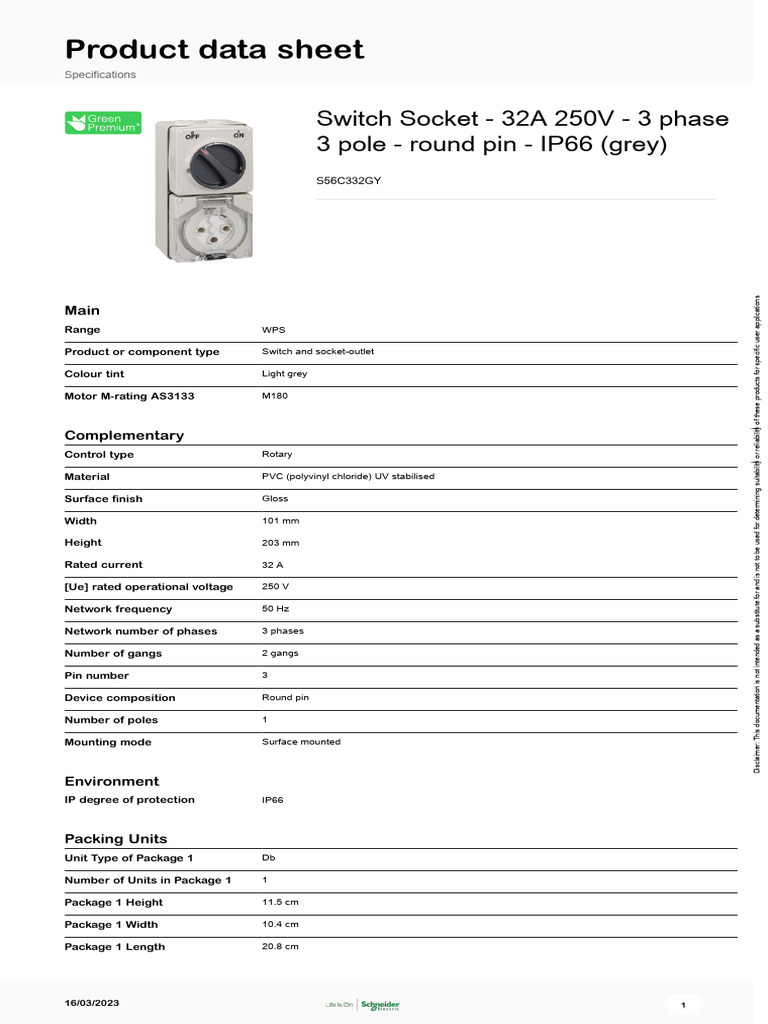 32A 250V IP66 Switch Socket Data Sheet | PDF | Electrical Engineering ...
