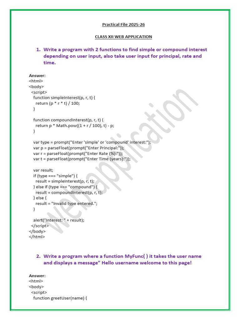 JavaScript Programs for Class XII | PDF | Java Script | String ...