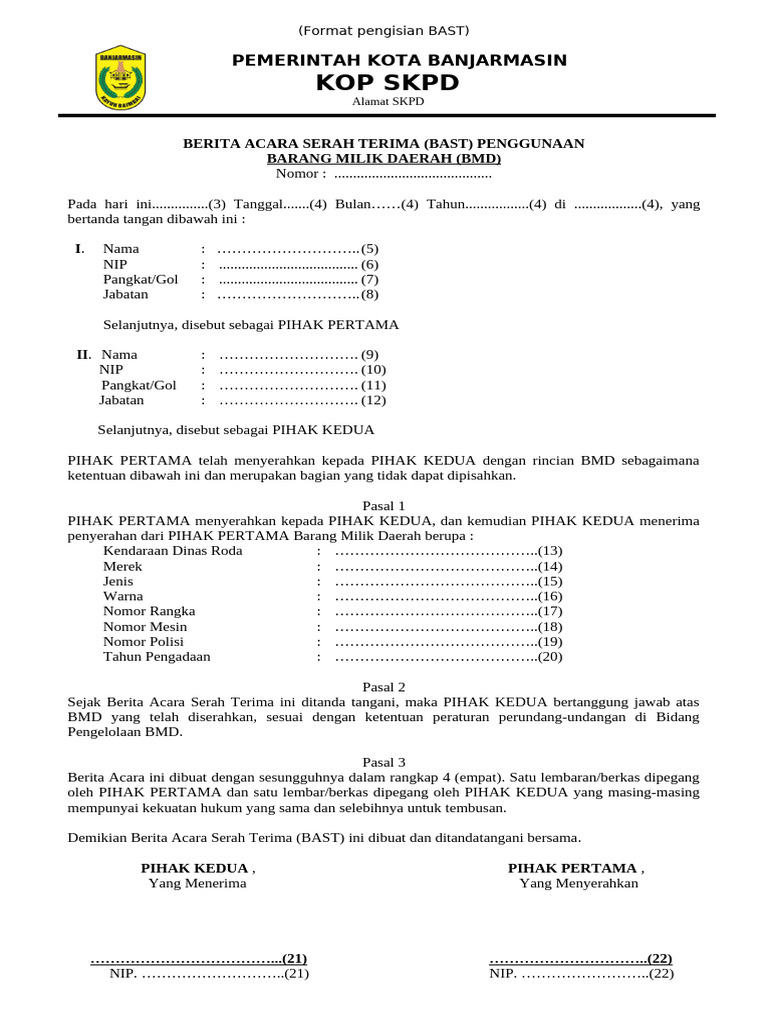 Format BAST Penggunaan BMD Banjarmasin | PDF