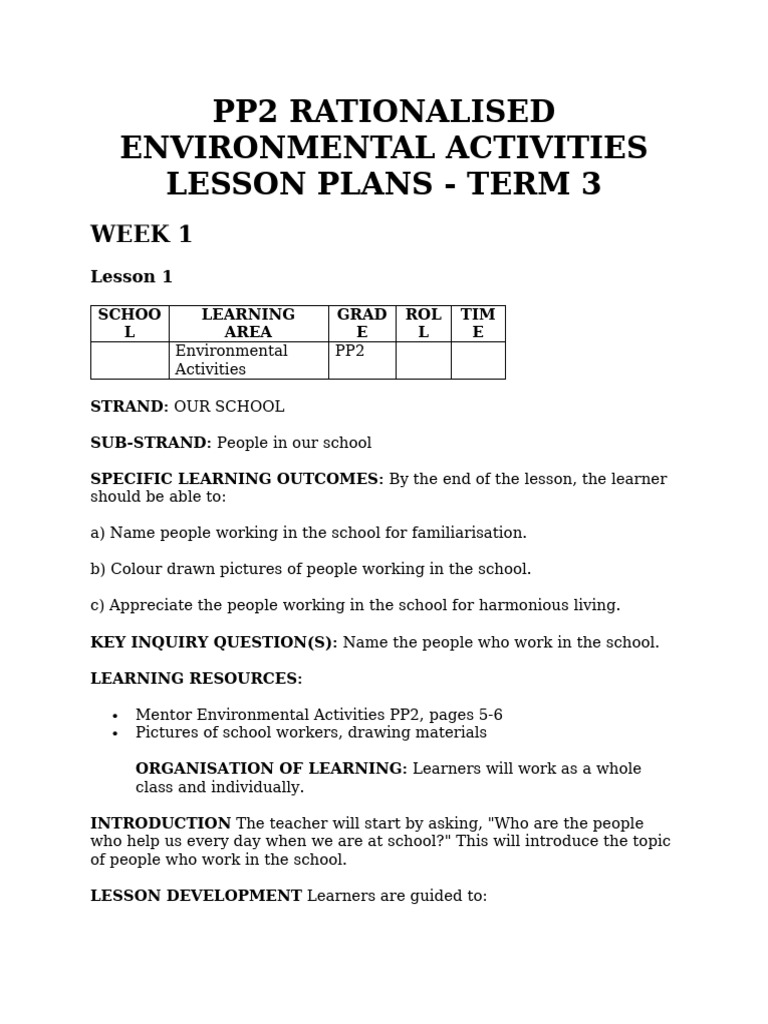 Pp2 Term 3 Environmental Lesson Plans v2 | PDF | Learning | Teachers