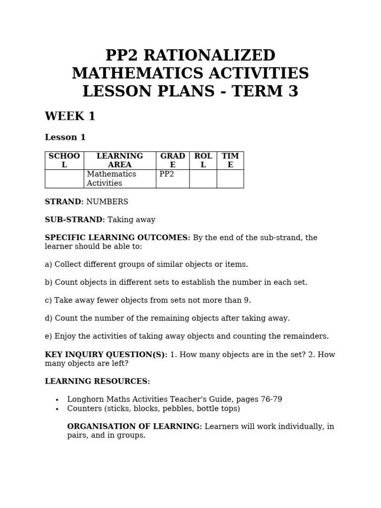 PP2 Mathematics: Taking Away Activities | PDF | Learning | Teachers