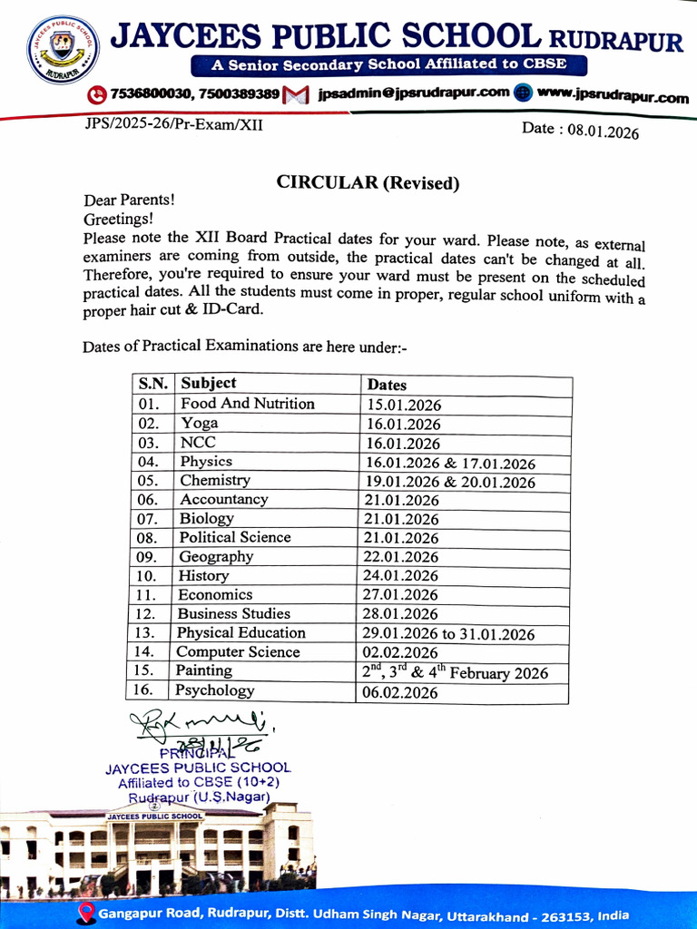 XII Board Practical Exam Dates 2026 | PDF