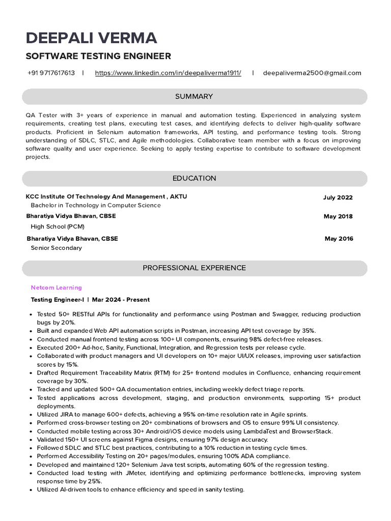Deepali Verma 3.10YOE QA Resume | PDF | Software Development Process ...