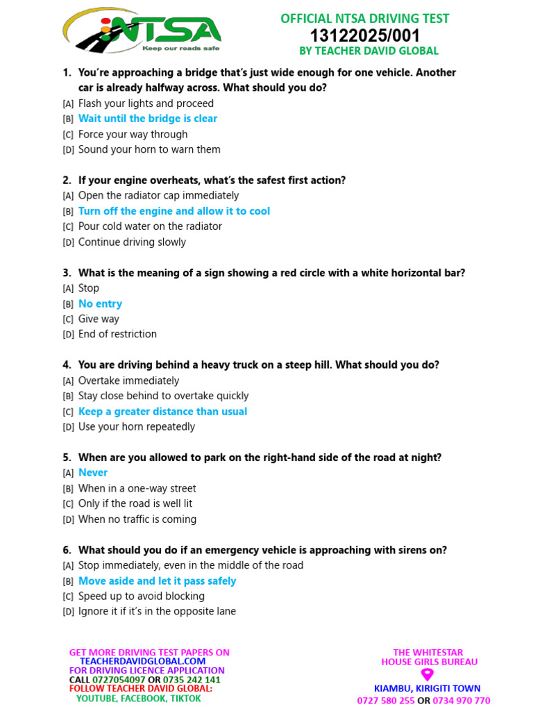 NTSA Driving Test Questions & Answers | PDF | Traffic | Transport ...