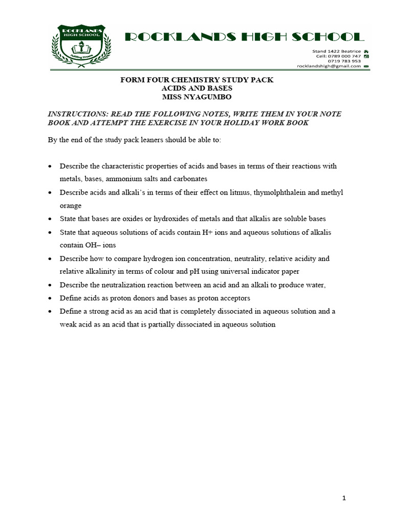 Form Four End of Term One 2025 Chemistry Study Pack | PDF