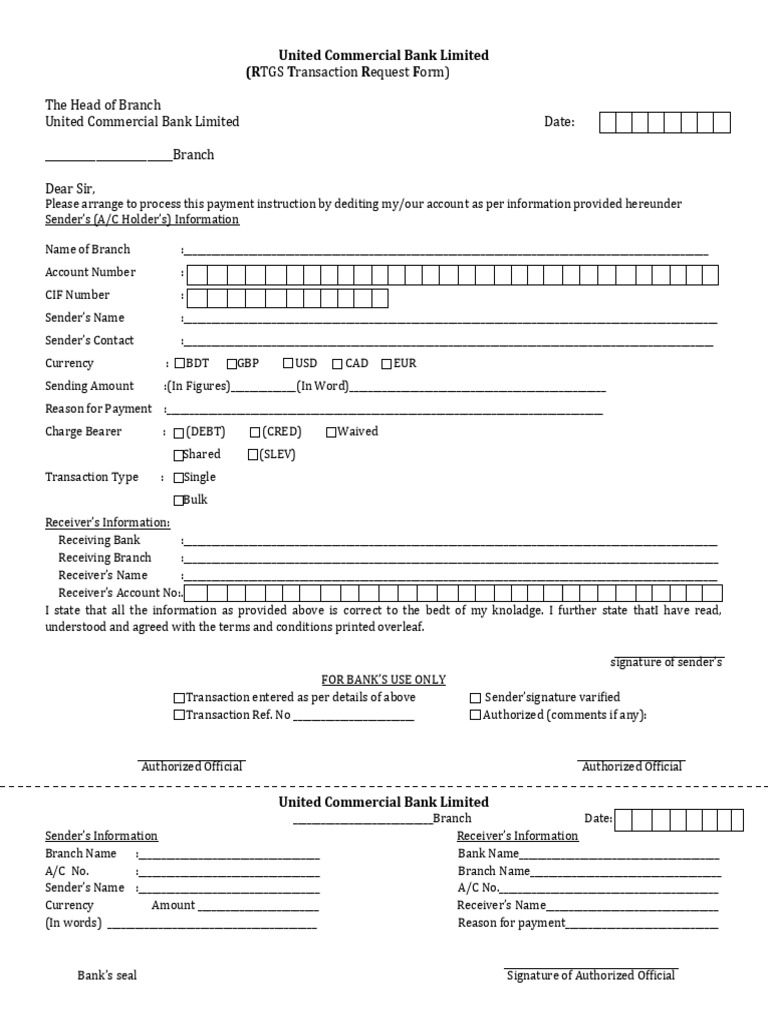 RTGS Transaction Request Form Template | PDF | Banking Technology ...