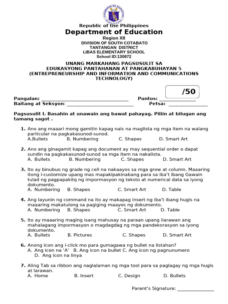 Grade 5 q1 Epp Ict - Docx Periodcal Test | PDF