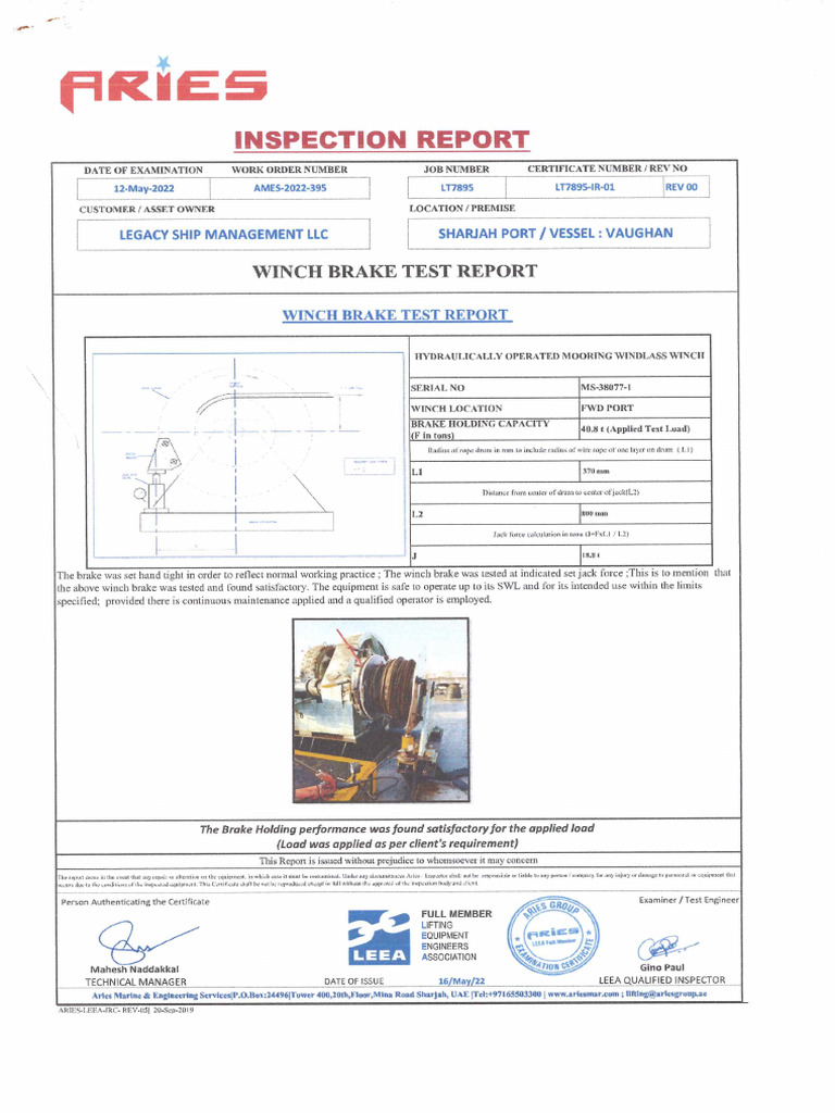 Winch Breake Test Reporrt - R | PDF