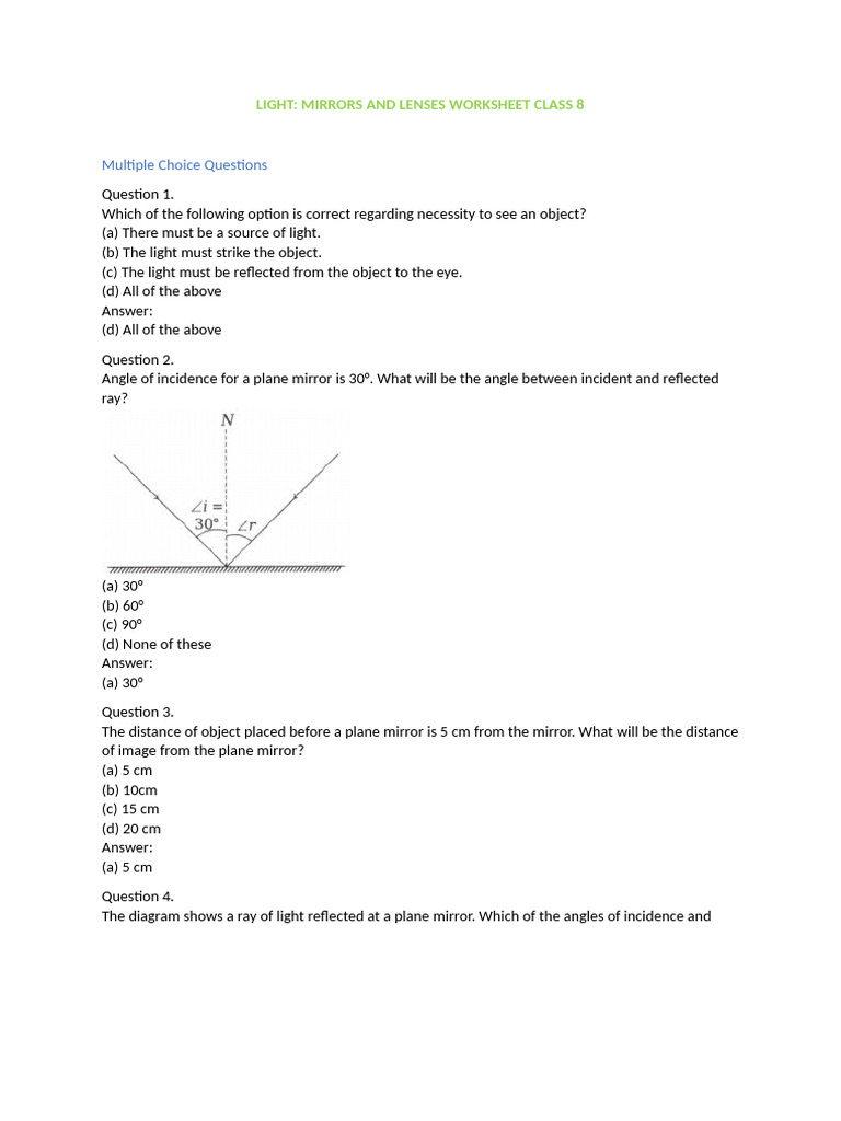 Class 8 Light: Mirrors & Lenses Worksheet | PDF | Mirror | Reflection ...