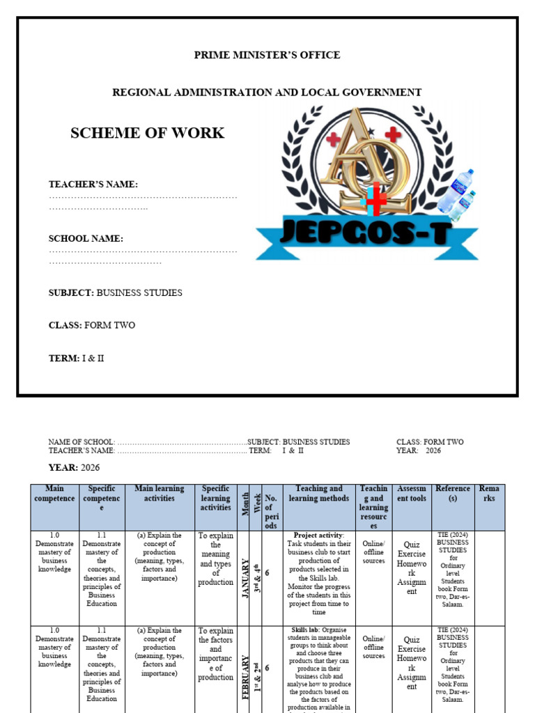 Business Studies Scheme of Work 2026 | PDF | Procedural Knowledge ...
