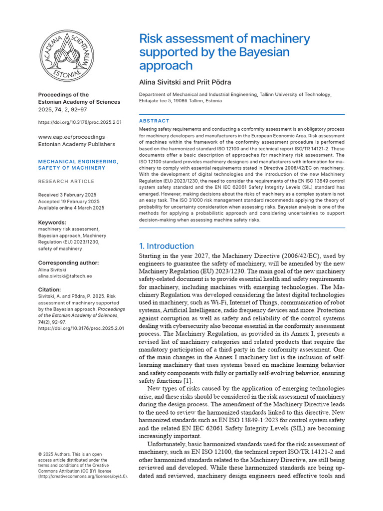Risk Assessment of Machinery Supported by The Bayesian Approach | PDF ...