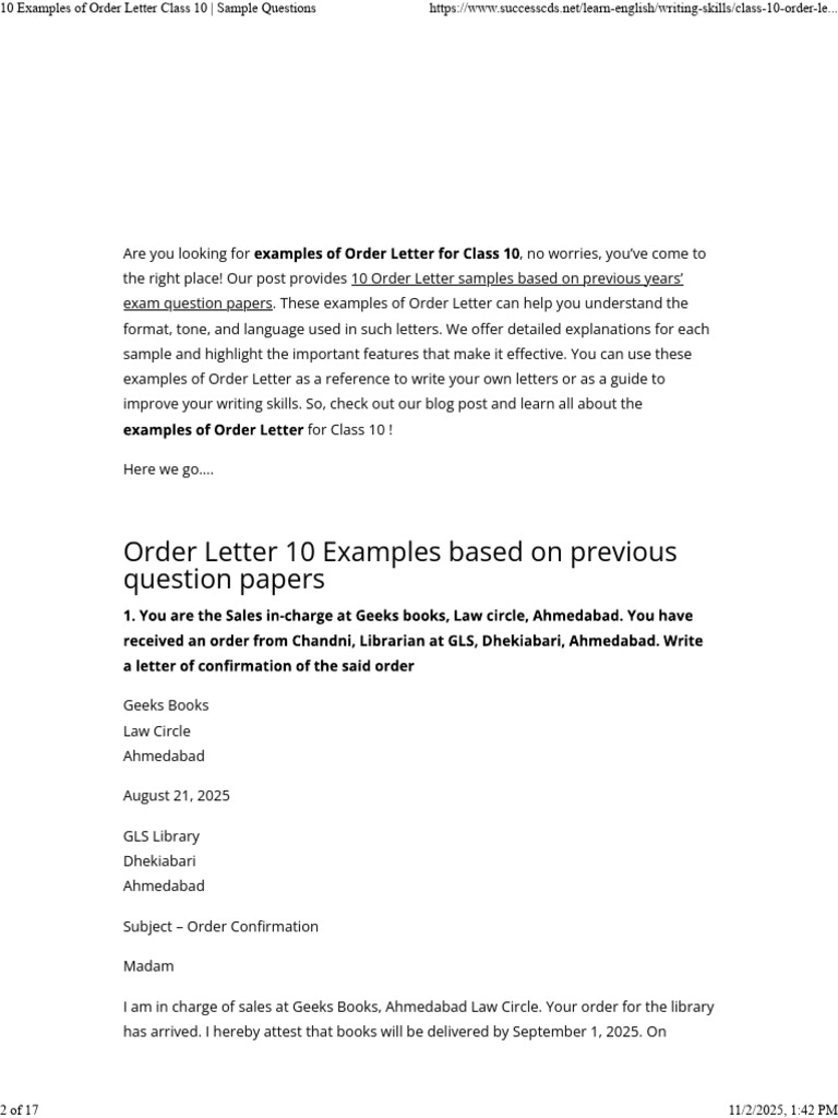 10 Order Letter Samples for Class 10 | PDF
