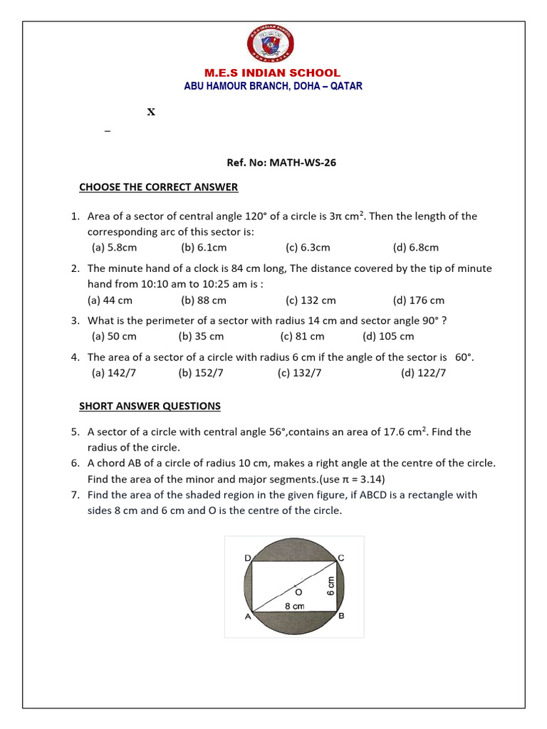 Grade 10 Math Worksheet on Circle Areas | PDF | Area | Circle