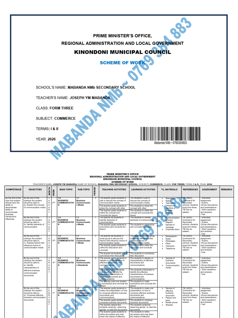 Form Three Commerce Scheme of Work | PDF | Teachers | Human Communication