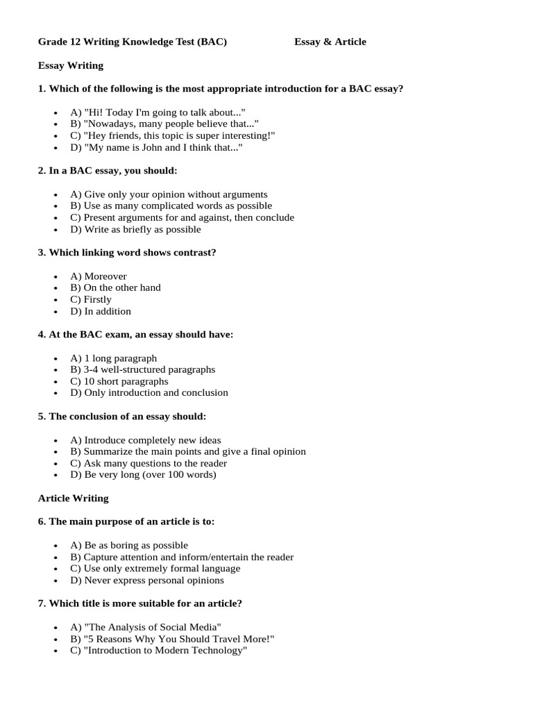 Grade 12 Writing Knowledge Test | PDF | Essays | Argument