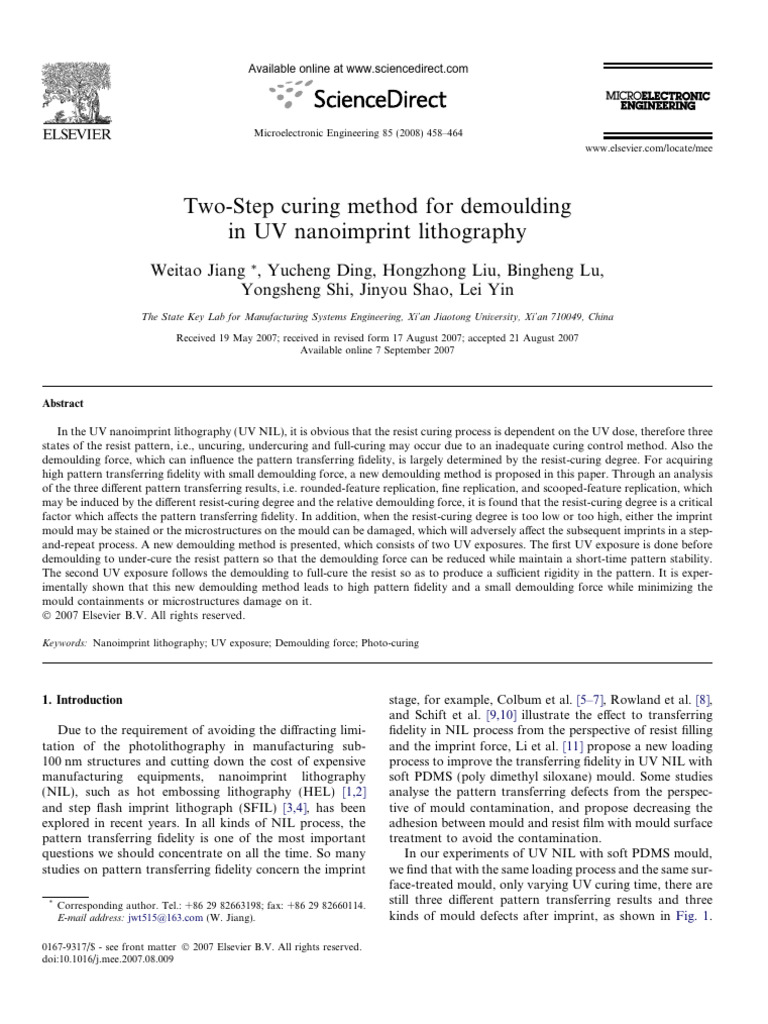 Two-Step Curing in UV Nanoimprint Lithography | PDF | Photolithography ...