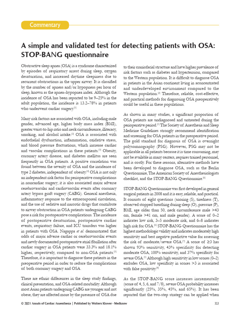 STOP-BANG Questionnaire for OSA Detection | PDF | Coronary Artery ...