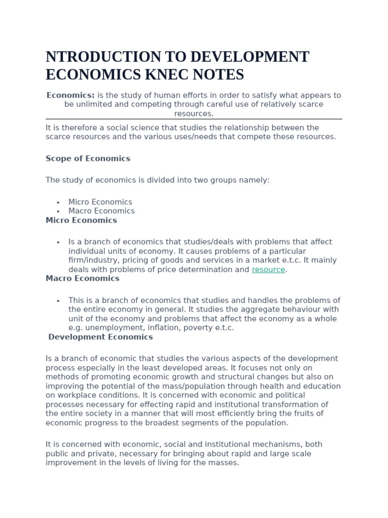 Development Economics Knec Notes | PDF | Unemployment | Economic Growth