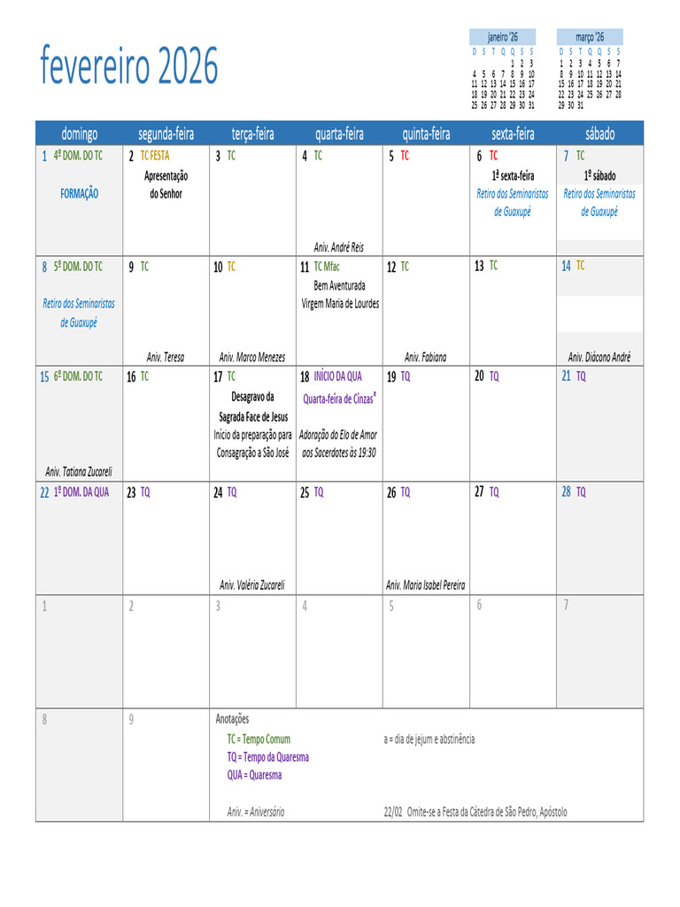 Calendário 2026 - Fevereiro | PDF | Quaresma