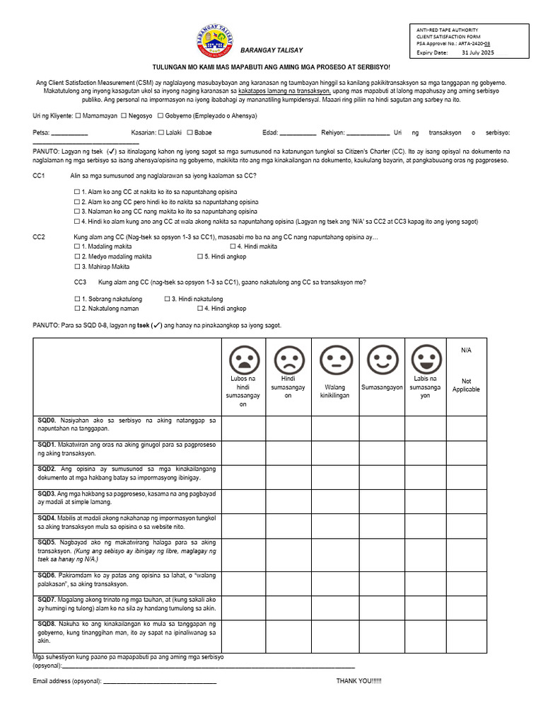 Barangay Talisay Survey Form | PDF