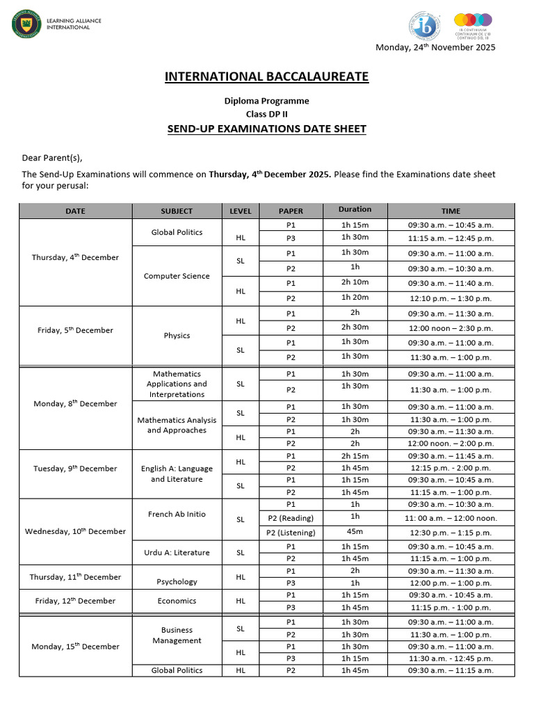 Ib DP II Send Up Examinations Date Sheet Dec 2025 | PDF | Secondary ...
