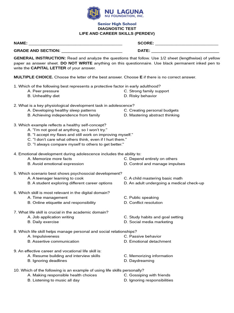 Life and Career Skills Diagnostic Test | PDF | Adolescence | Communication