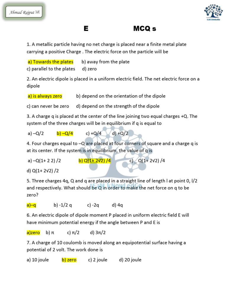 Electrostatic Multiple Choice Questions | PDF | Capacitor | Capacitance