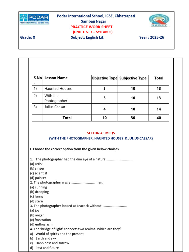 Grade X English Lit. Practice Worksheet | PDF | Mark Antony | Julius Caesar