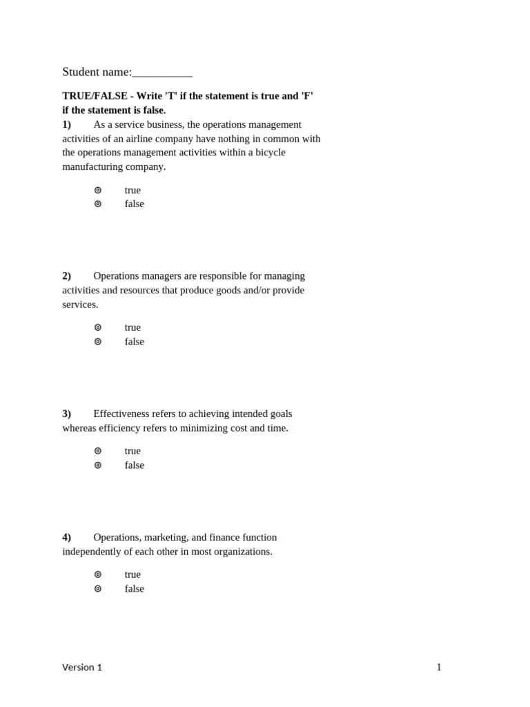 Operations Management True/False Quiz PDF Operations Management
