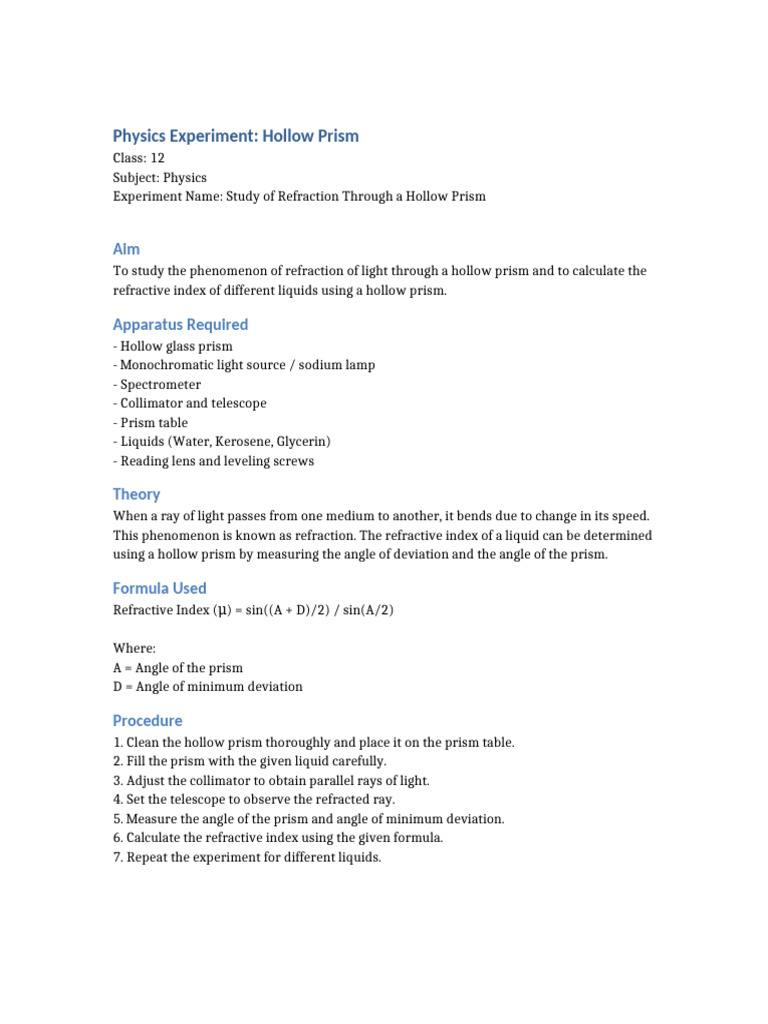 Class 12 Hollow Prism Experiment | PDF