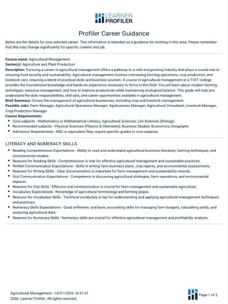 Agricultural Management Career Guide | PDF | Agriculture | Sustainability