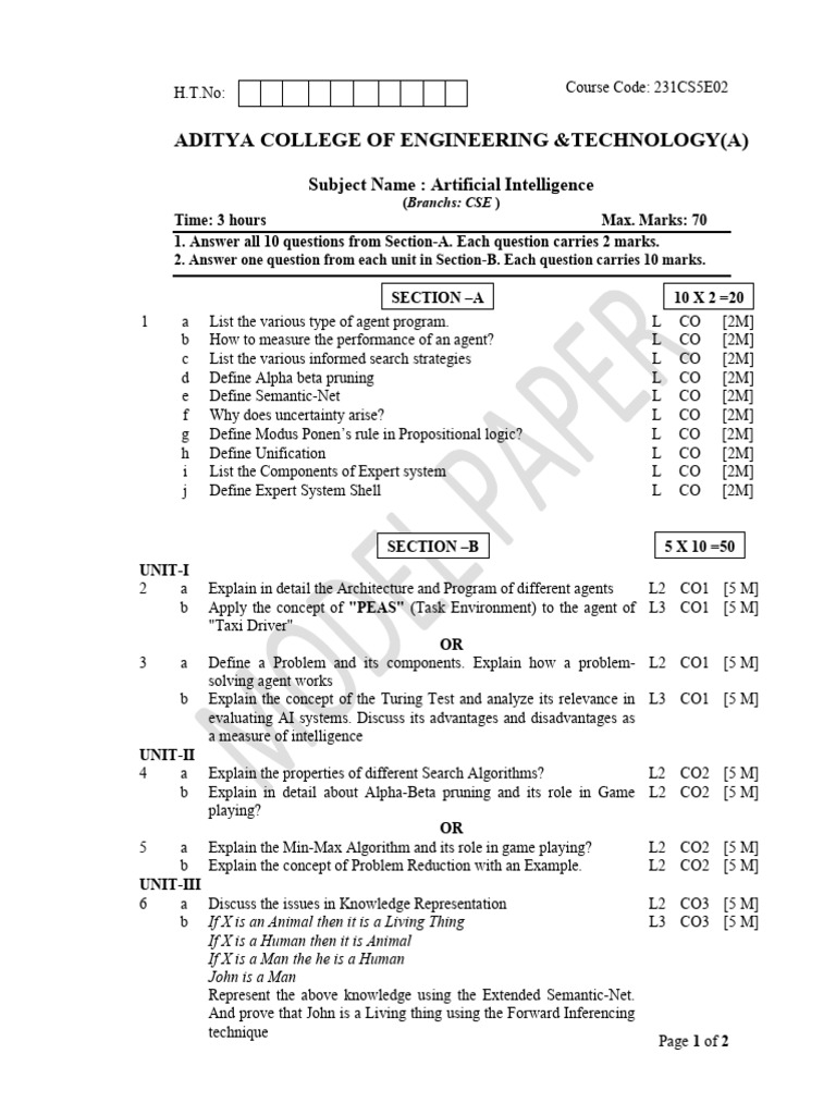 AI Course Exam Paper for CSE Students | PDF | Artificial Intelligence ...