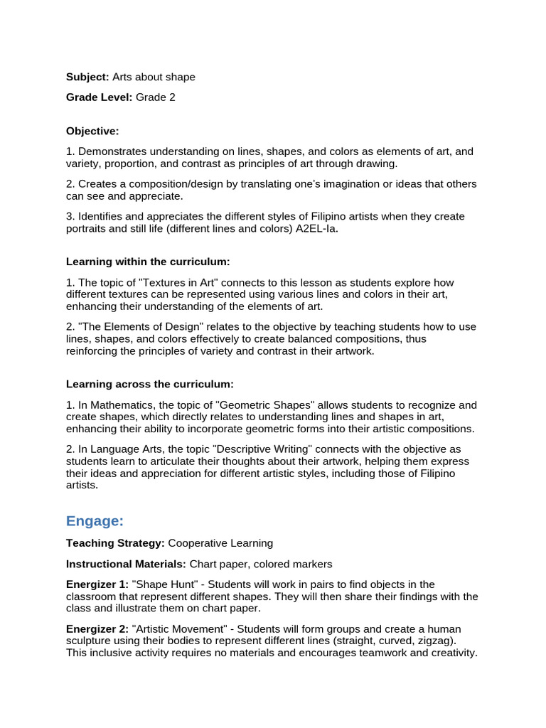 Grade 2 Art: Exploring Shapes and Colors | PDF | Composition (Visual ...