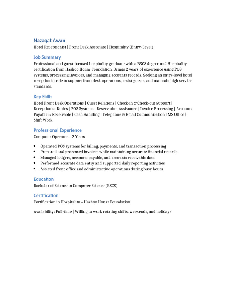 Entry-Level Hotel Receptionist Resume | PDF
