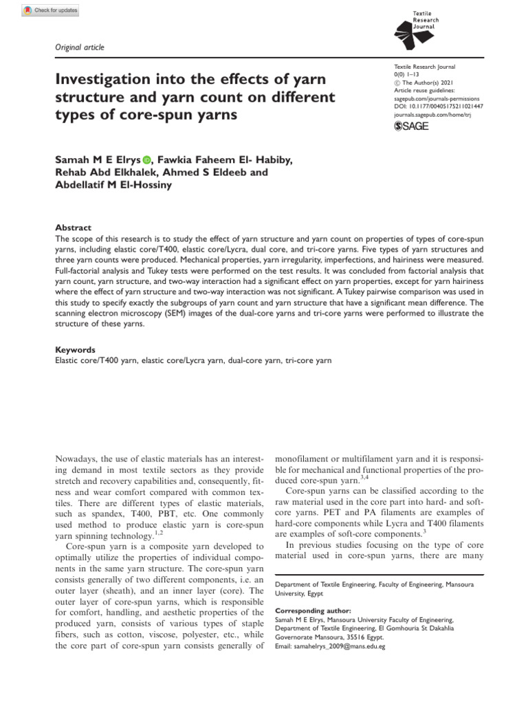 Effects of Yarn Structure on Core-Spun Yarns | PDF | Yarn | Textiles