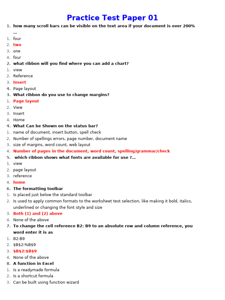 Excel and Computer Basics Practice Test | PDF | Random Access Memory ...