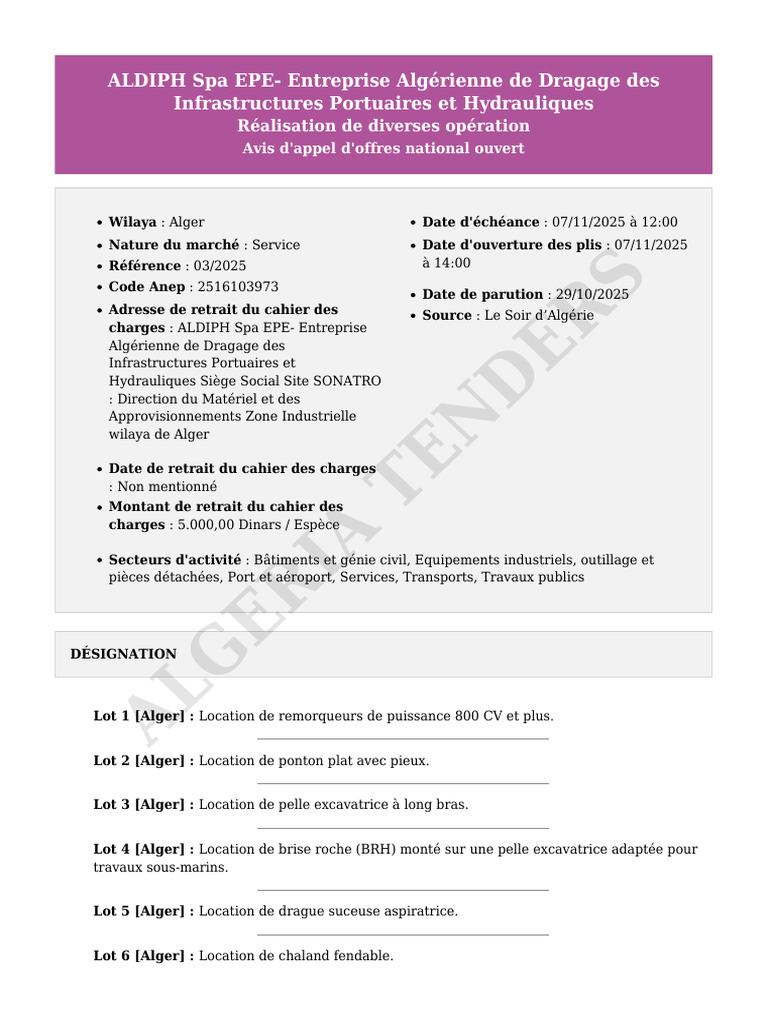 Appel d'offres ALDIPH Spa - Services de dragage | PDF