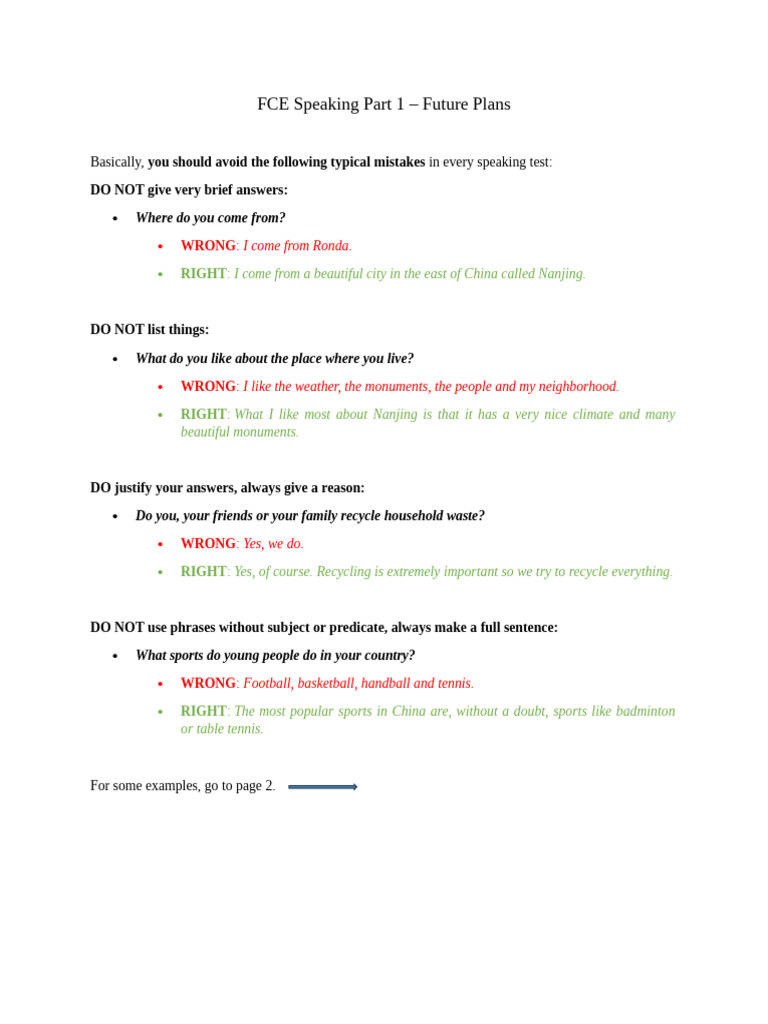 FCE Speaking: Future Plans Tips | PDF