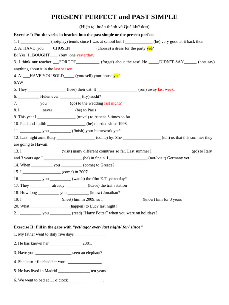 Present Perfect vs Past Simple Exercises | PDF