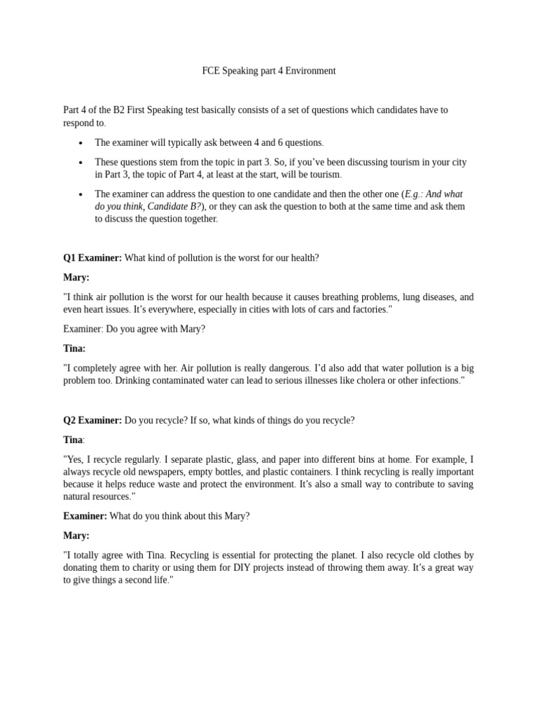 FCE Speaking Part 4: Environment Tips | PDF | Climate Change | Recycling