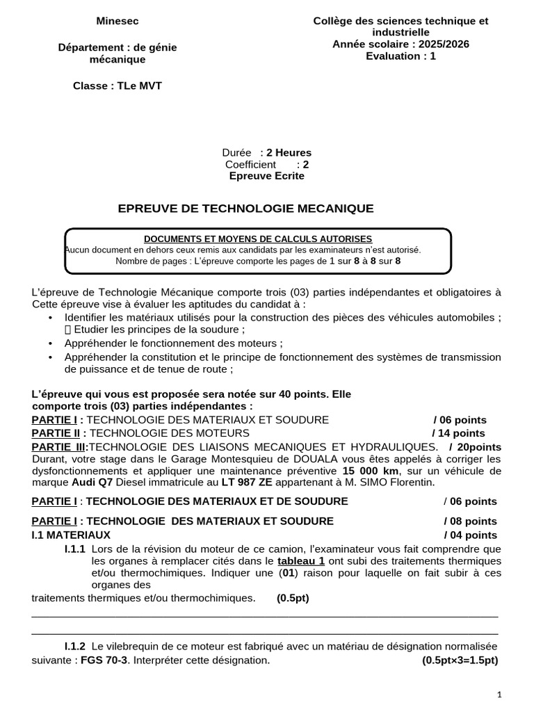 Épreuve de Technologie Mécanique TLe MVT | PDF | Injection (moteur) | Frein