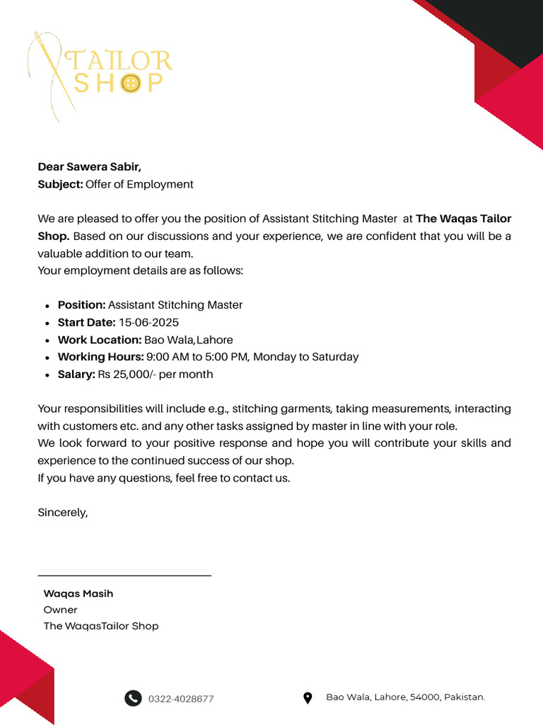 Employment Offer: Assistant Stitching Master | PDF