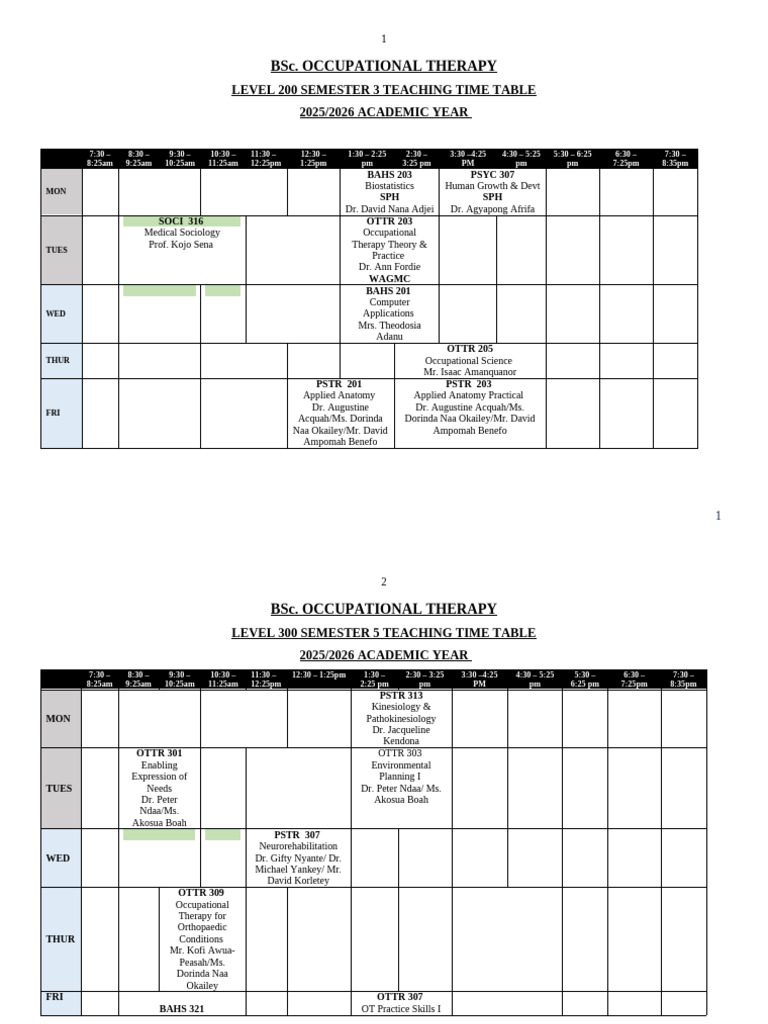 BSc Occupational Therapy Timetable 2025 | PDF | Science | Health Care